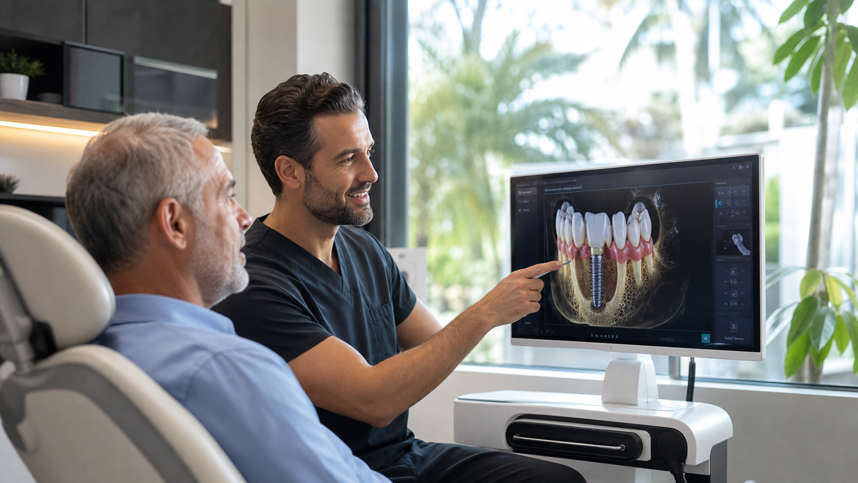 Periodontist reviewing a dental implant planning scan with a patient in a bright treatment room
